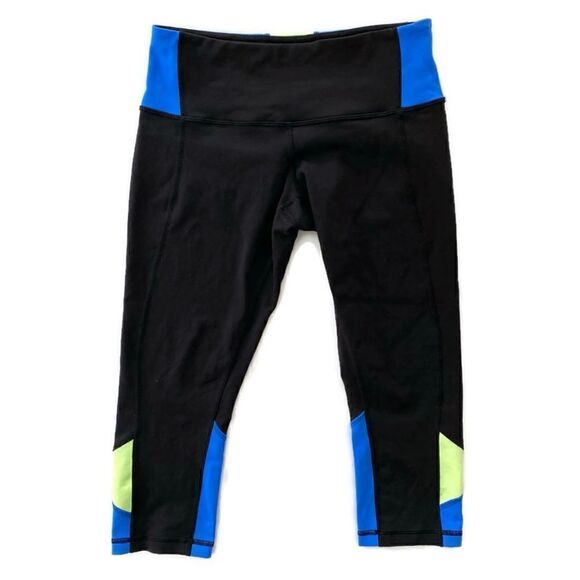 Lululemon Wunder Under Cropped Yoga Workout Leggings Black Blue & Green 6 - Picture 1 of 12